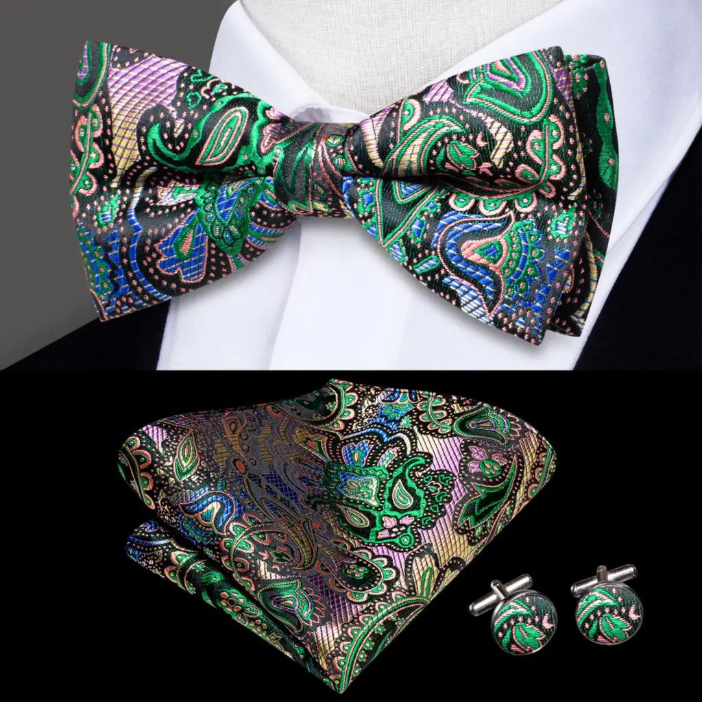 Multi Coloured Paisley Design Bow Tie With Matching Cuff Links and Pocket Square