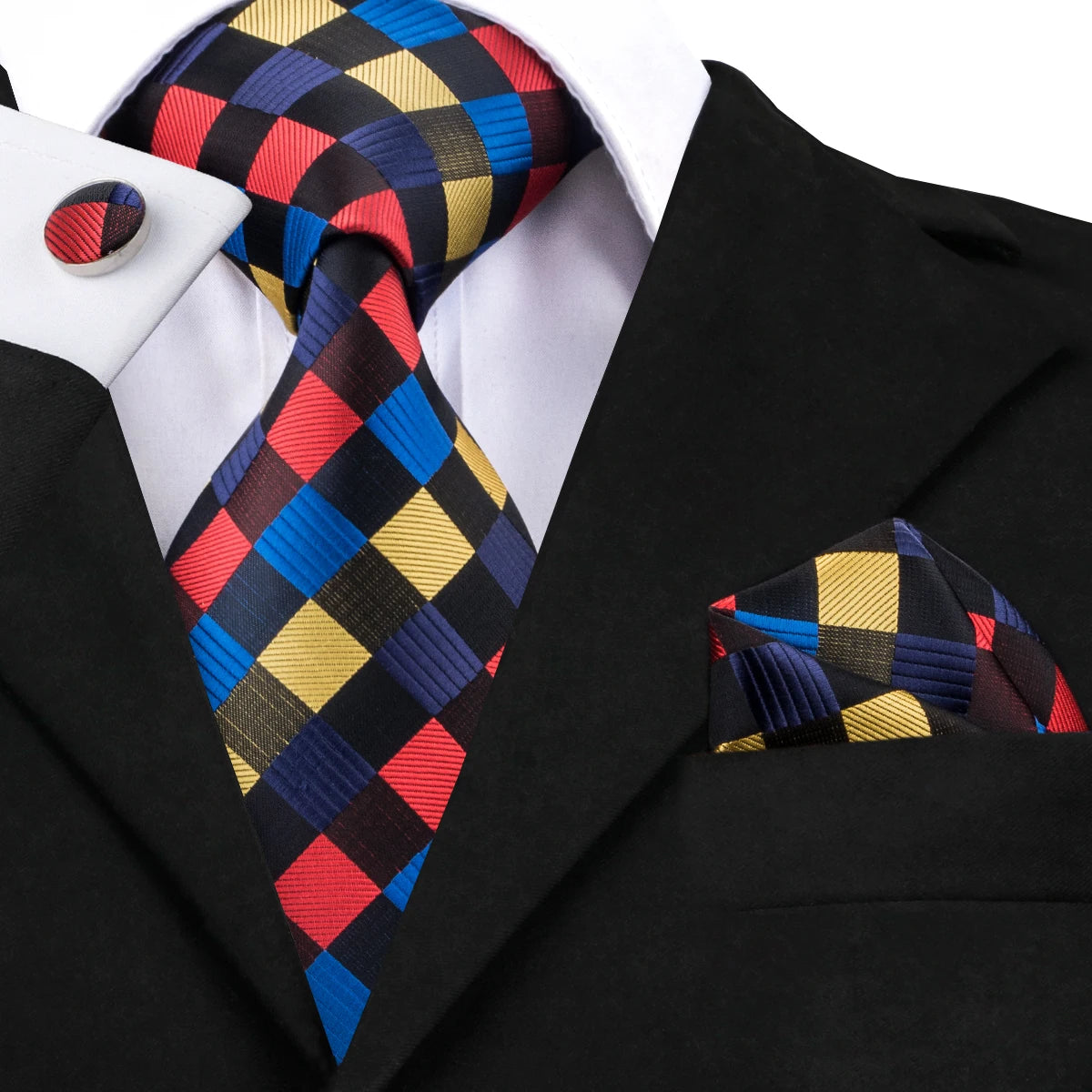 Multicoloured Check Pattern Tie With Cuff Links and Pocket Square