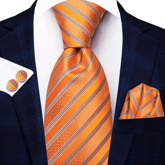 Orange Striped Tie With Matching Cuff Links and Pocket Square