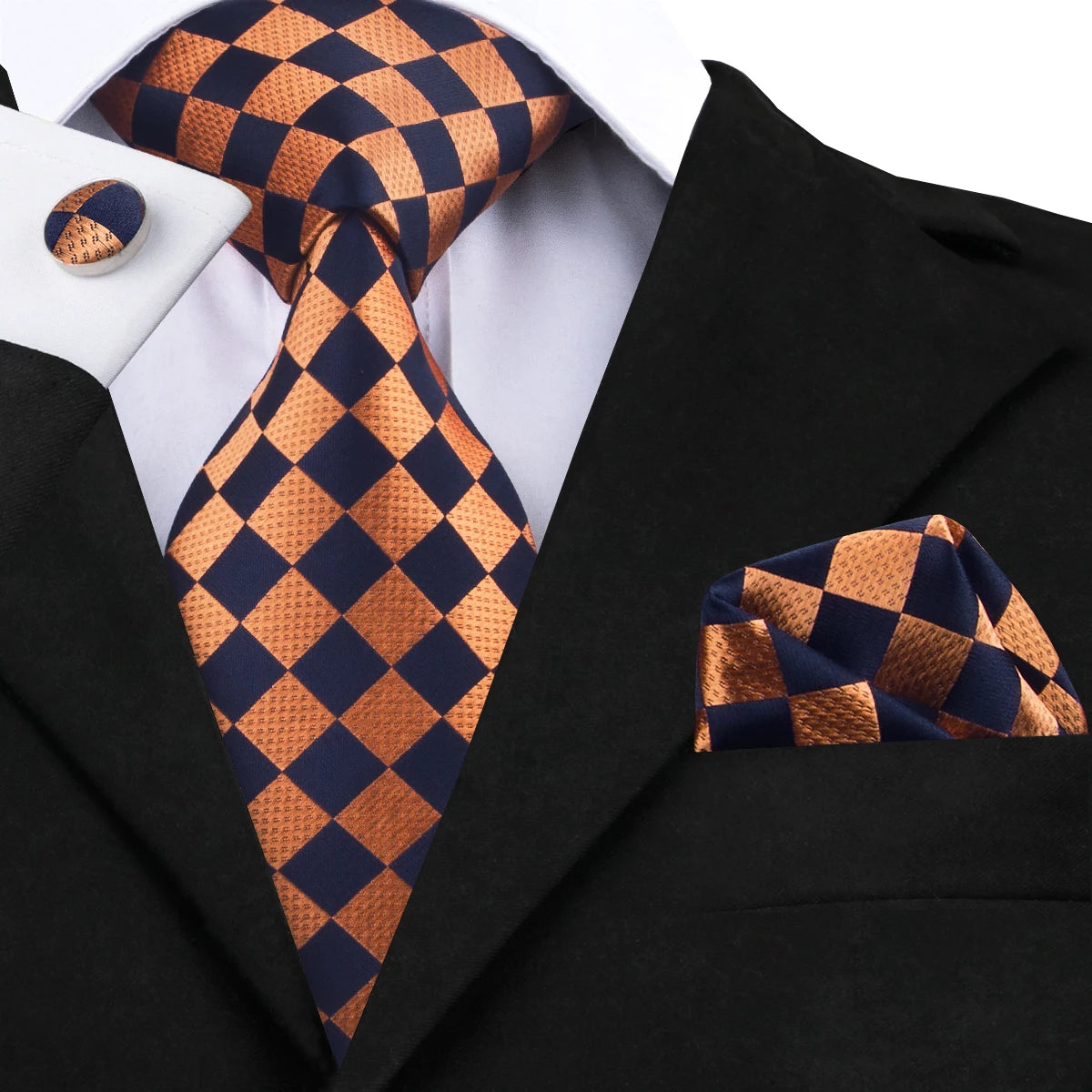 Orange and Blue Check Pattern Tie With Cuff Links and Pocket Square