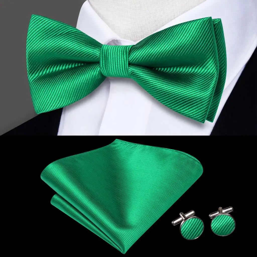 Plain Bright Green Textured Bow Tie With Matching Cuff Links and Pocket Square