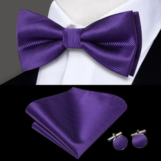 Plain Bright Purple Textured Bow Tie With Matching Cuff Links and Pocket Square