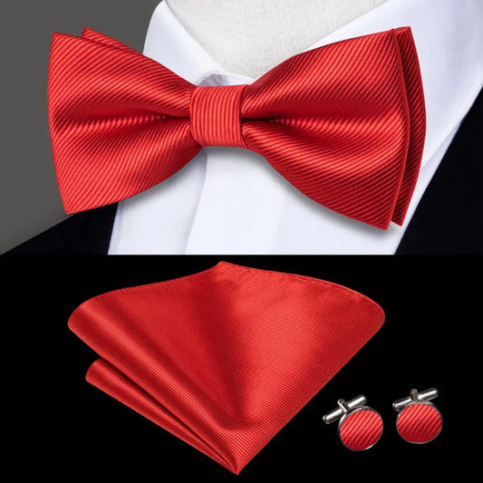 Plain Bright Red Textured Bow Tie With Matching Cuff Links and Pocket Square