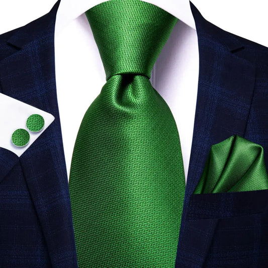 Plain Green Textured Tie With Matching Cuff Links and Pocket Square