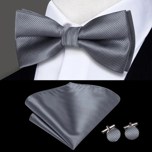 Plain Grey Textured Bow Tie With Matching Cuff Links and Pocket Square