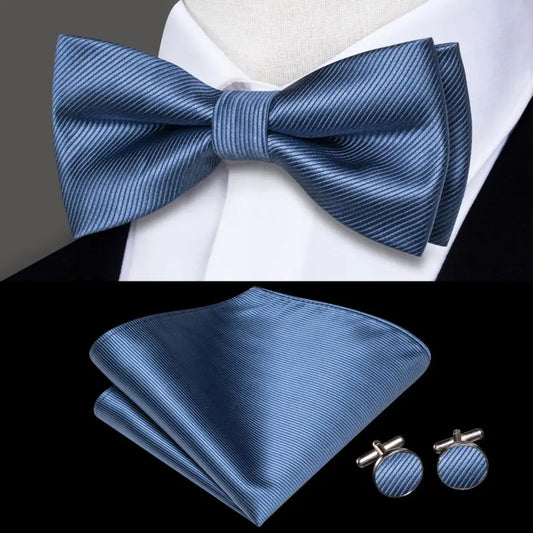 Plain Light Blue Textured Bow Tie With Matching Cuff Links and Pocket Square