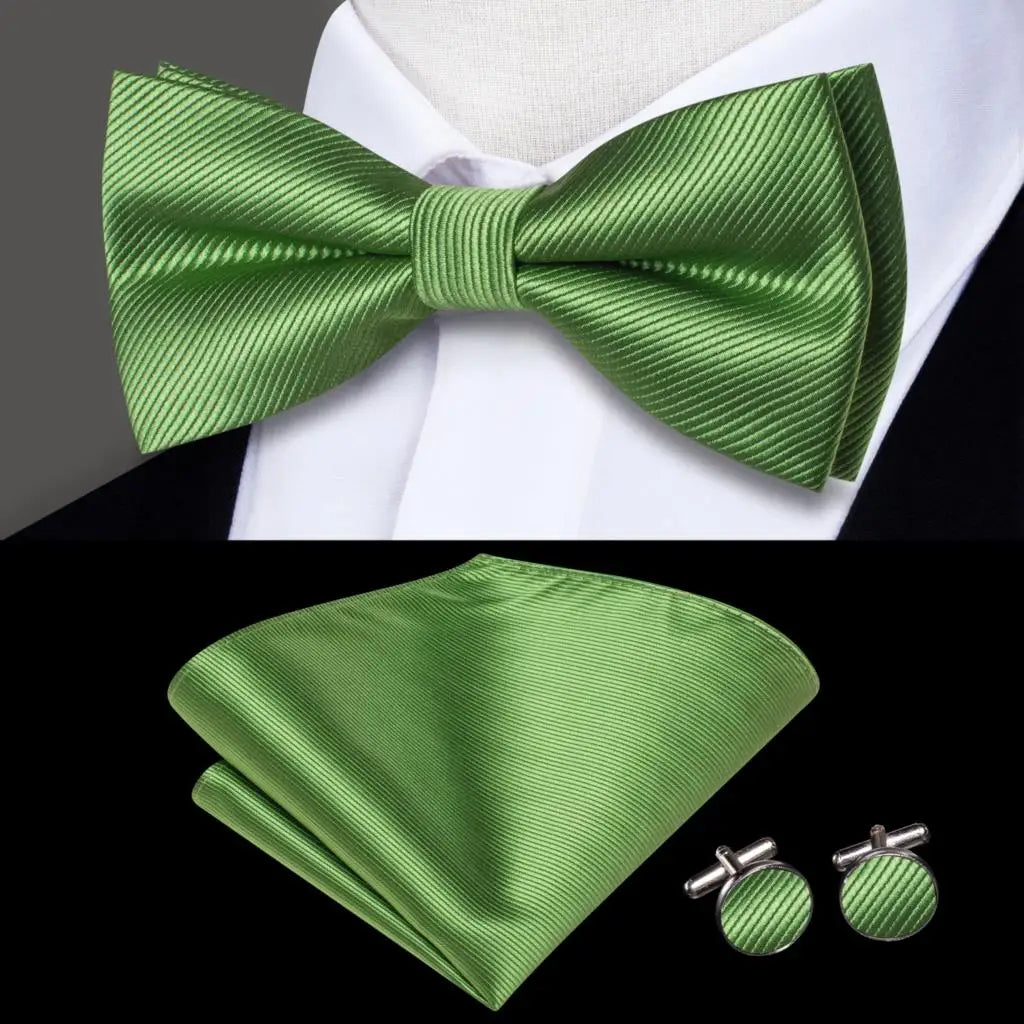 Plain Light Green Textured Bow Tie With Matching Cuff Links and Pocket Square