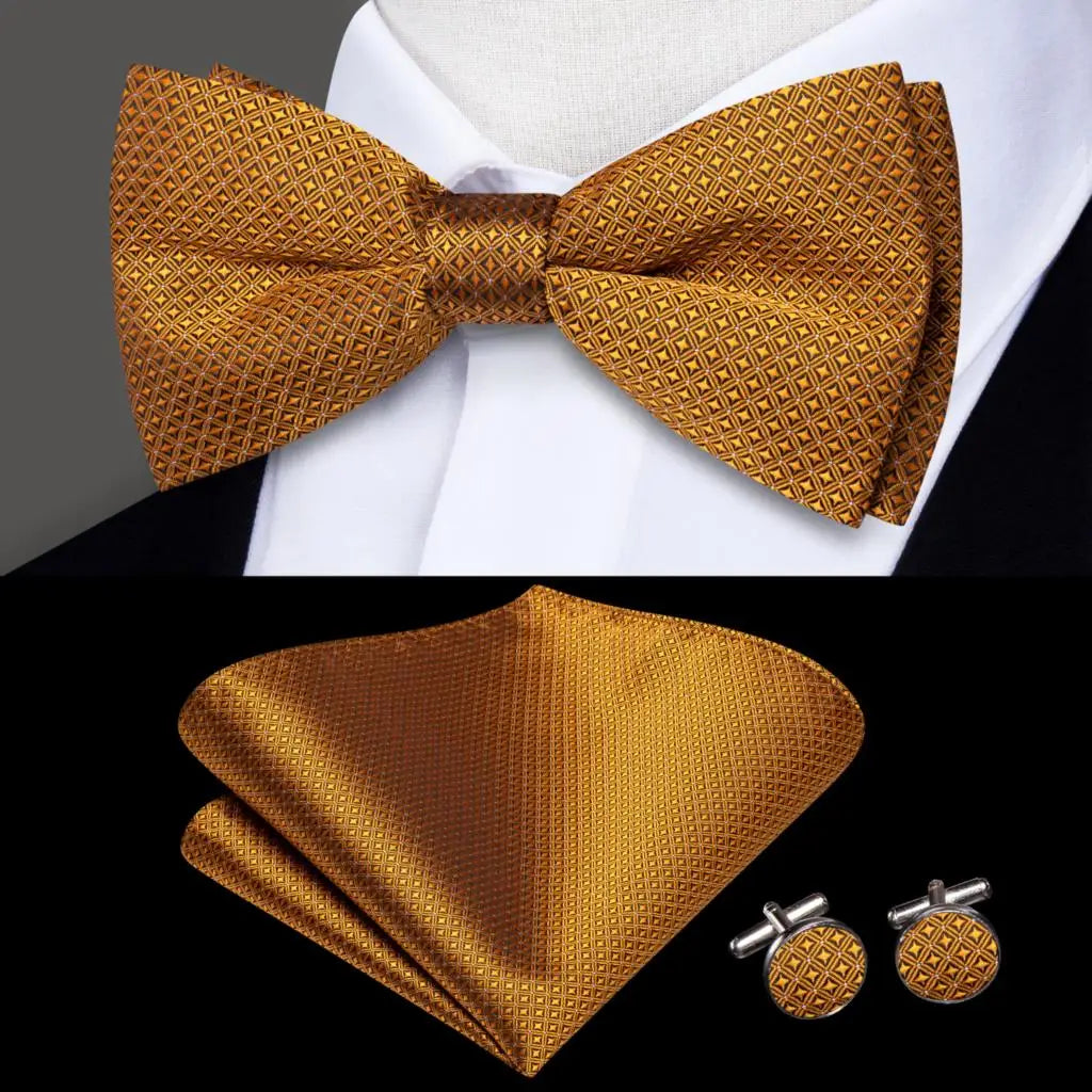 Plain Orange Textured Design Bow Tie With Matching Cuff Links and Pocket Square