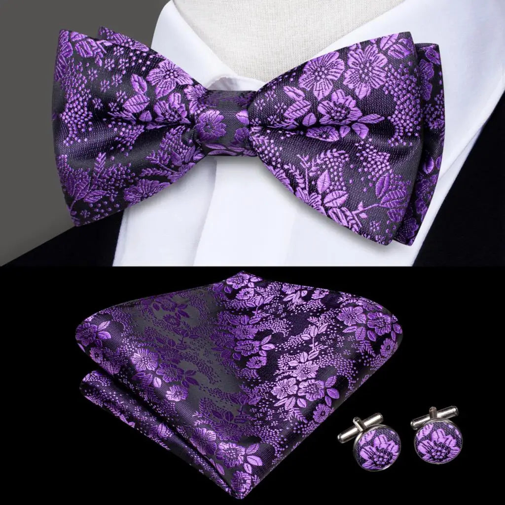 Purple Floral Design Bow Tie With Matching Cuff Links and Pocket Square