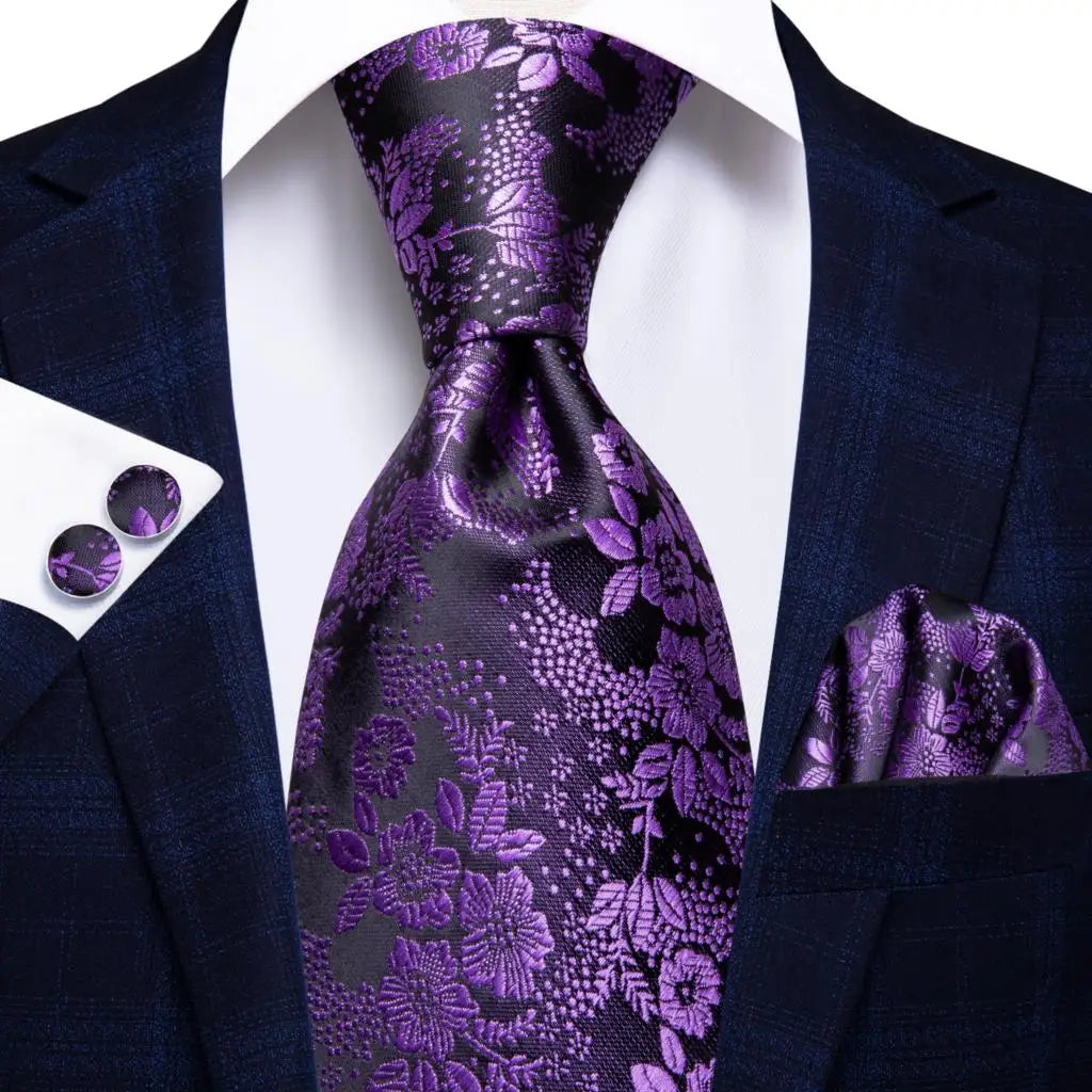 Purple Floral Design Tie With Matching Cuff Links and Pocket Square