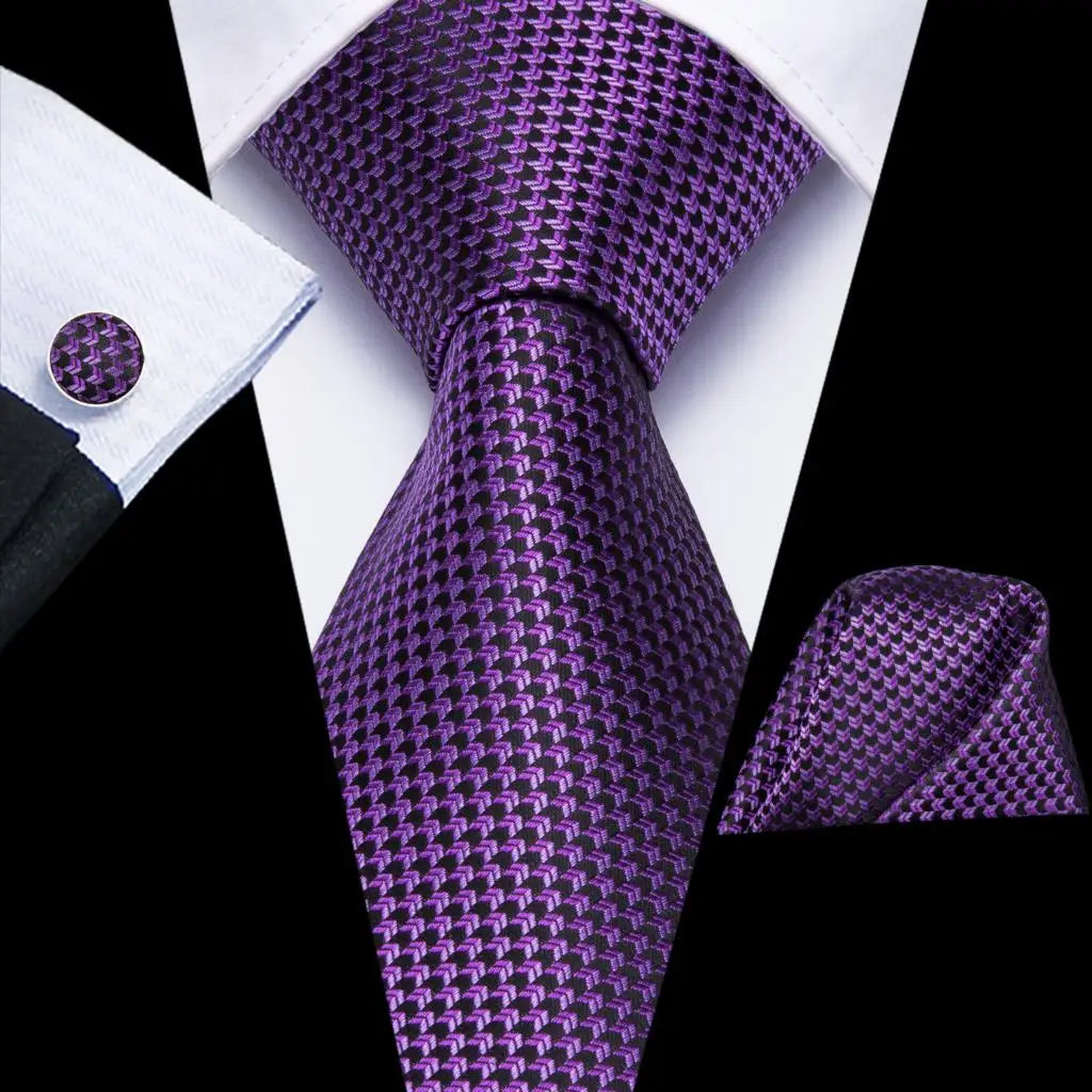 Purple Geometric Design Tie With Matching Cuff Links and Pocket Square