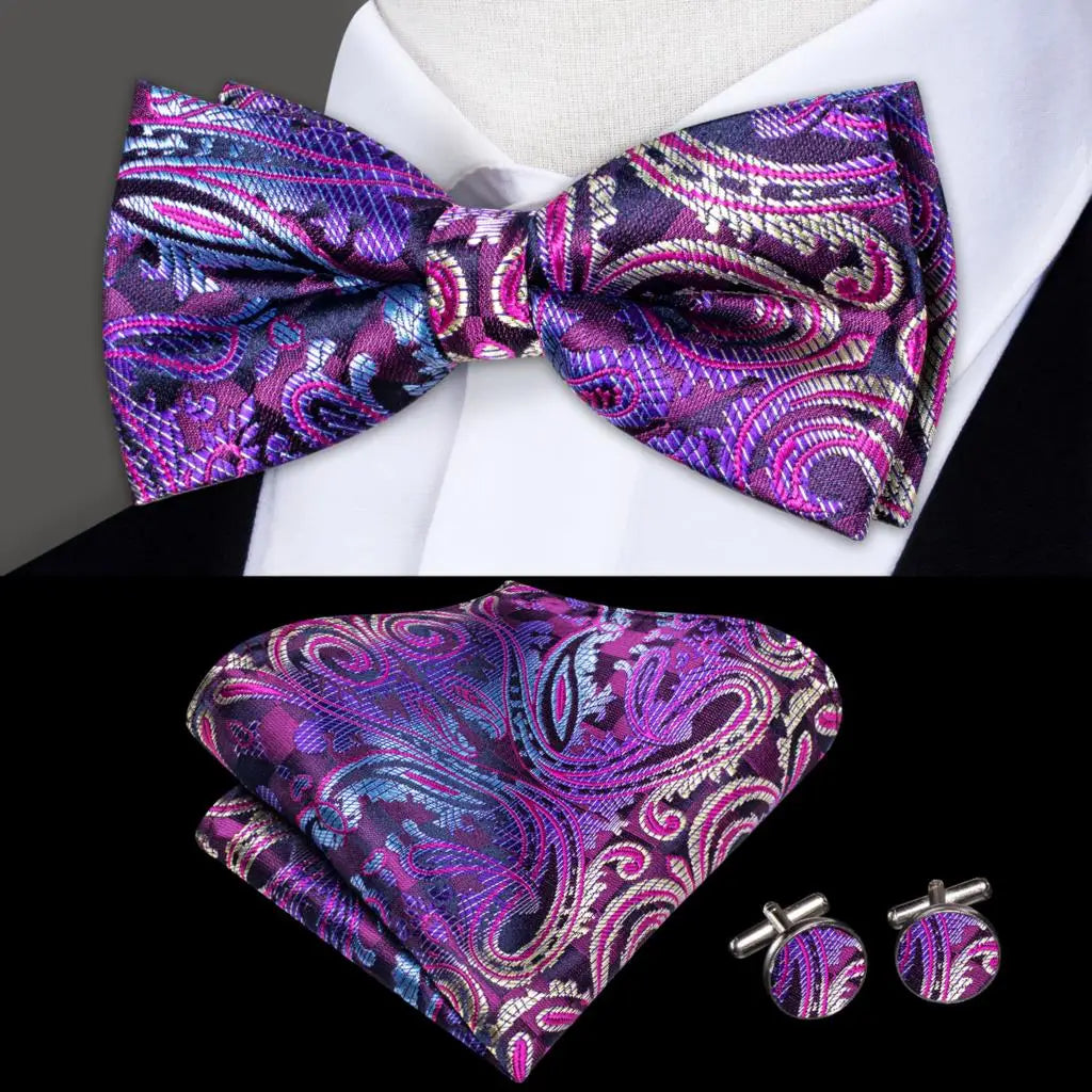 Purple Paisley Bow Tie With Matching Cuff Links and Pocket Square