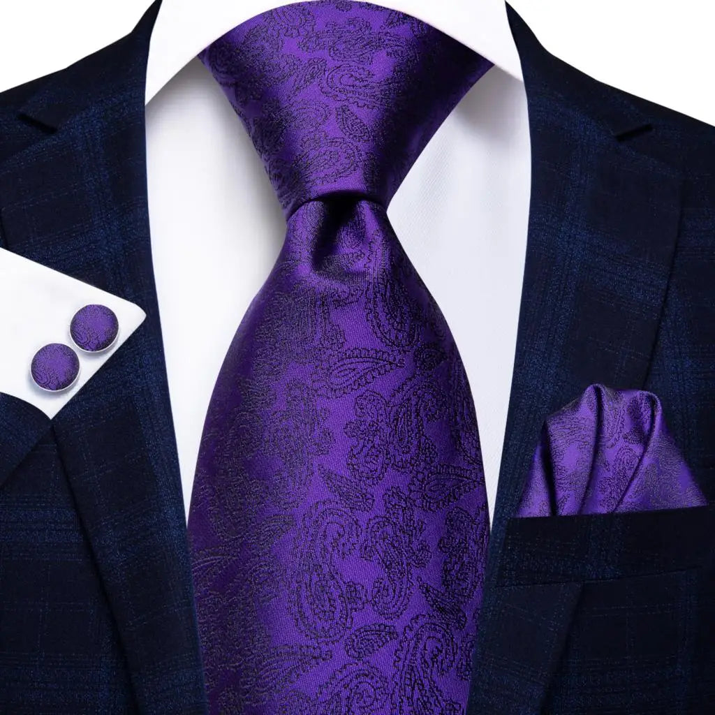 Purple Paisley Tie With Matching Cuff Links and Pocket Square