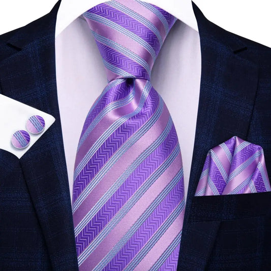 Purple Striped Tie With Matching Cuff Links and Pocket Square