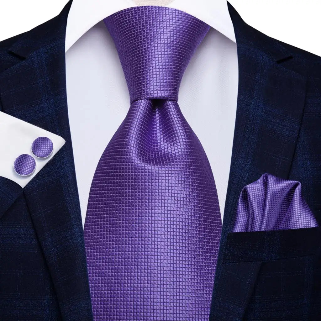 Purple Textured Design Tie With Matching Cuff Links and Pocket Square