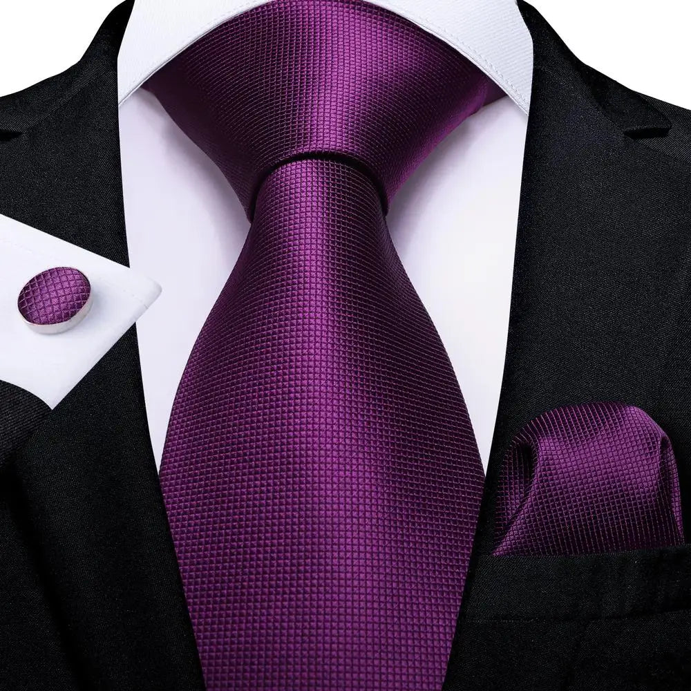 Purple Textured Tie With Matching Cuff Links and Pocket Square