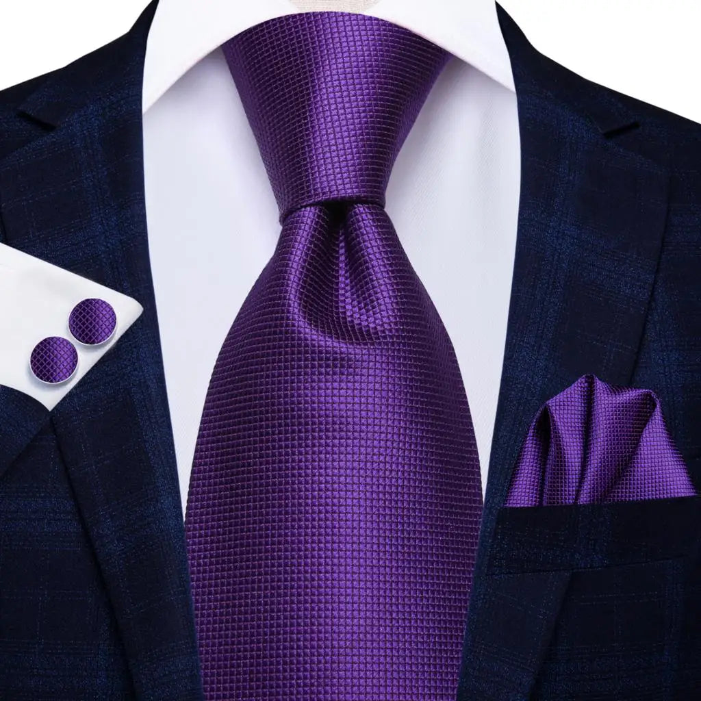 Purple Textured Tie With Matching Cuff Links and Pocket Square