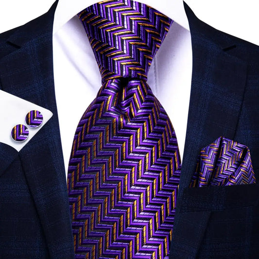 Purple and Gold Striped Tie With Matching Cuff Links and Pocket Square