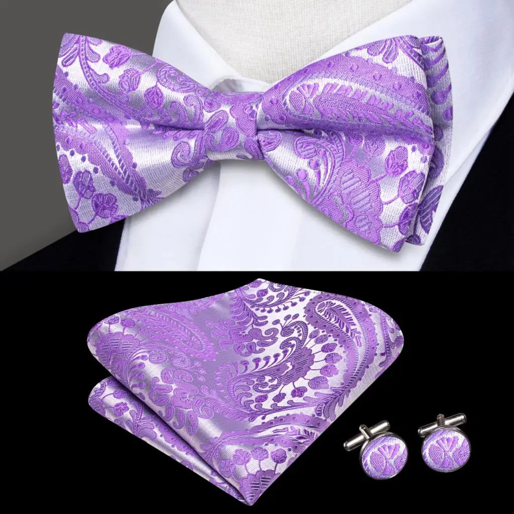 Purple and Silver Paisley Bow Tie With Matching Cuff Links and Pocket Square