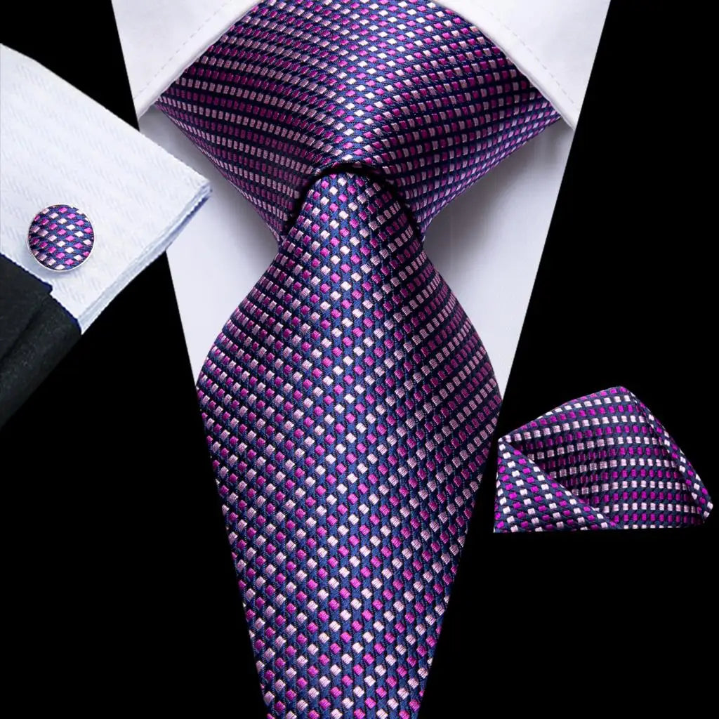 Purple and White Striped Tie With Matching Cuff Links and Pocket Square