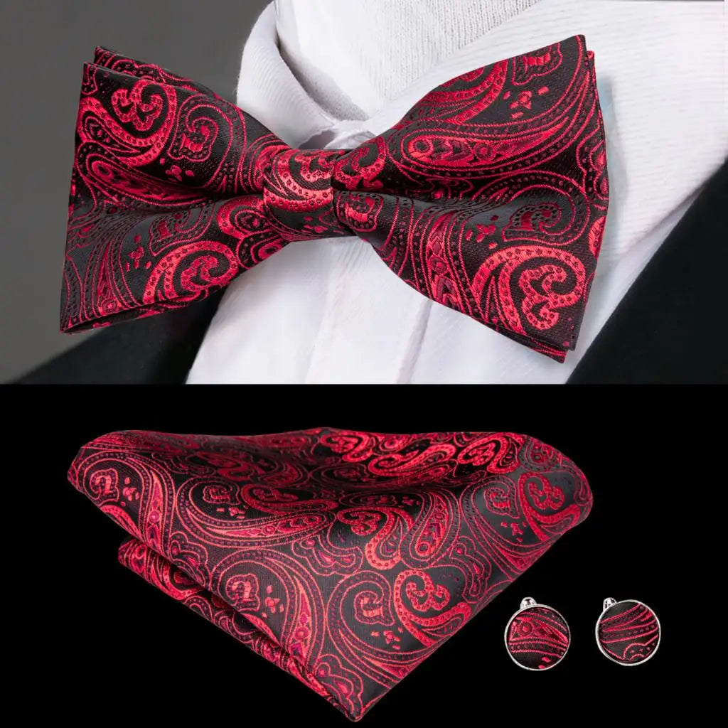 Red and Black Paisley Bow Tie With Matching Cuff Links and Pocket Square