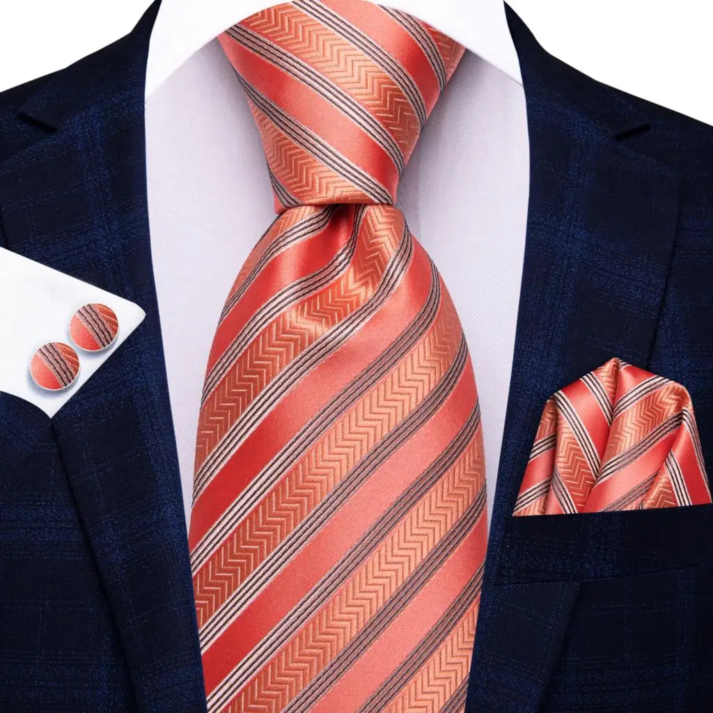 Red and Orange Striped Tie With Matching Cuff Links and Pocket Square