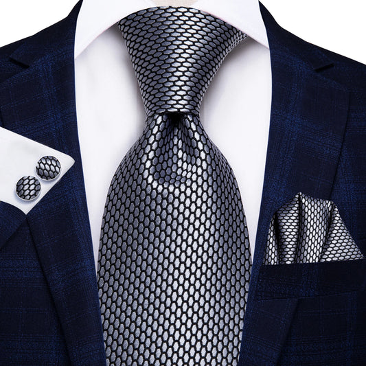 Silver Geometric Tie With Matching Cuff Links and Pocket Square