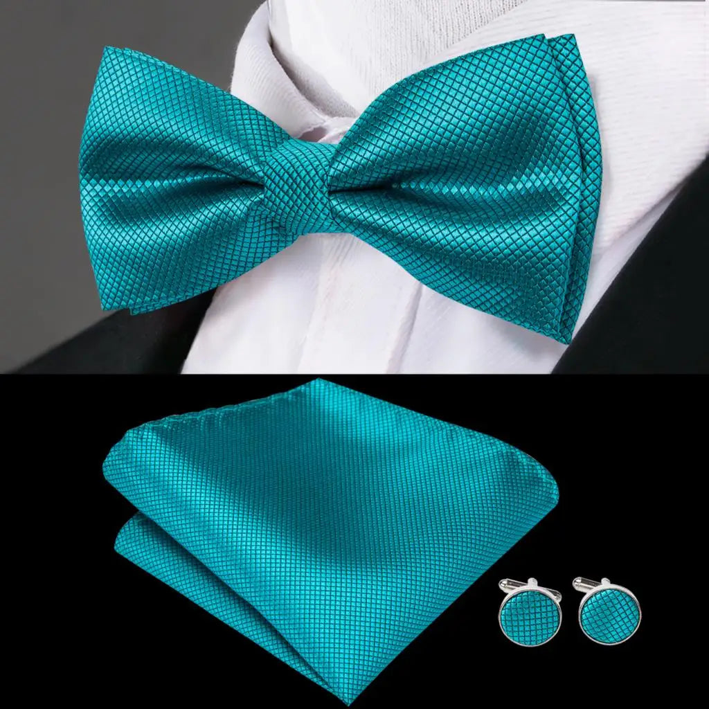 Turquoise Textured Bow Tie With Matching Cuff Links and Pocket Square