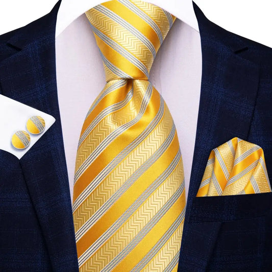 Yellow Striped Tie With Matching Cuff Links and Pocket Square