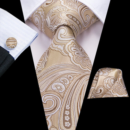 beige paisley tie with cuff links and pocket square