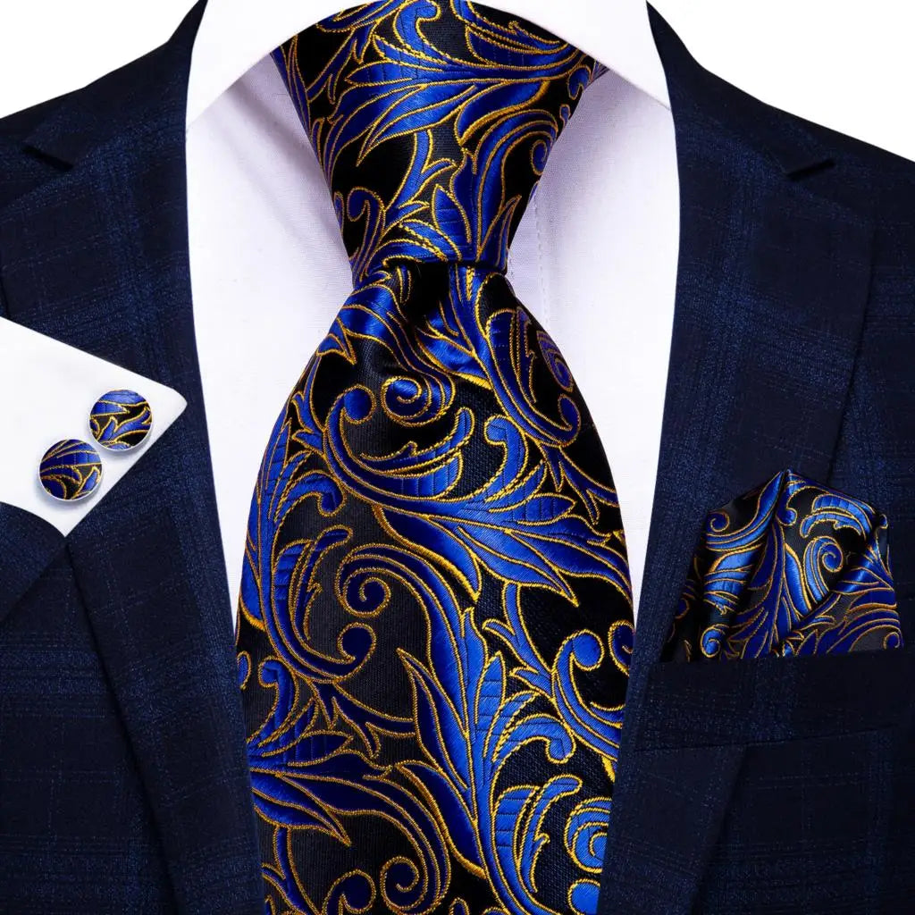 black and blue floral design tie made from jacquard woven silk