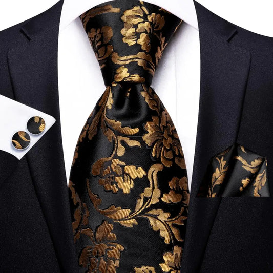 black and gold floral tie made from jacquard woven silk