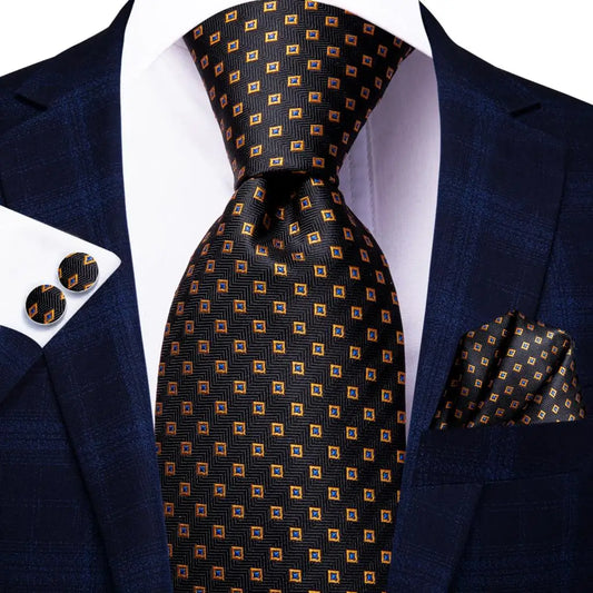 black and gold geometric design tie made from jacquard woven silk