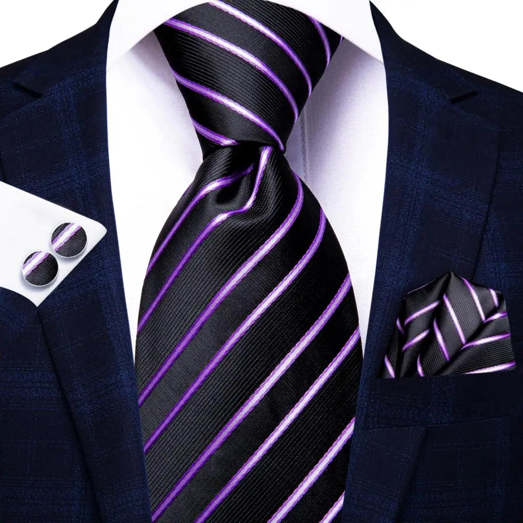 black and purple striped tie made from jacquard woven silk