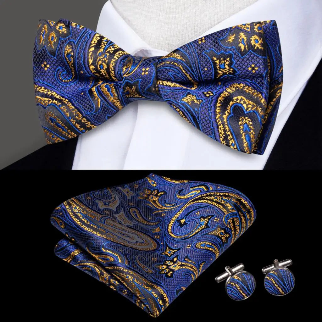 blue and gold paisley bow tie