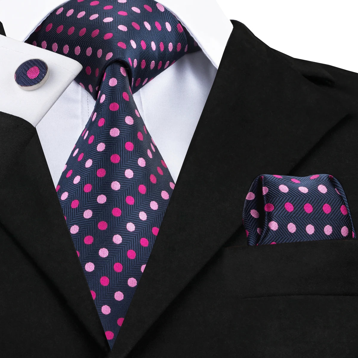 blue and pink polka dot tie with cuff links and pocket square