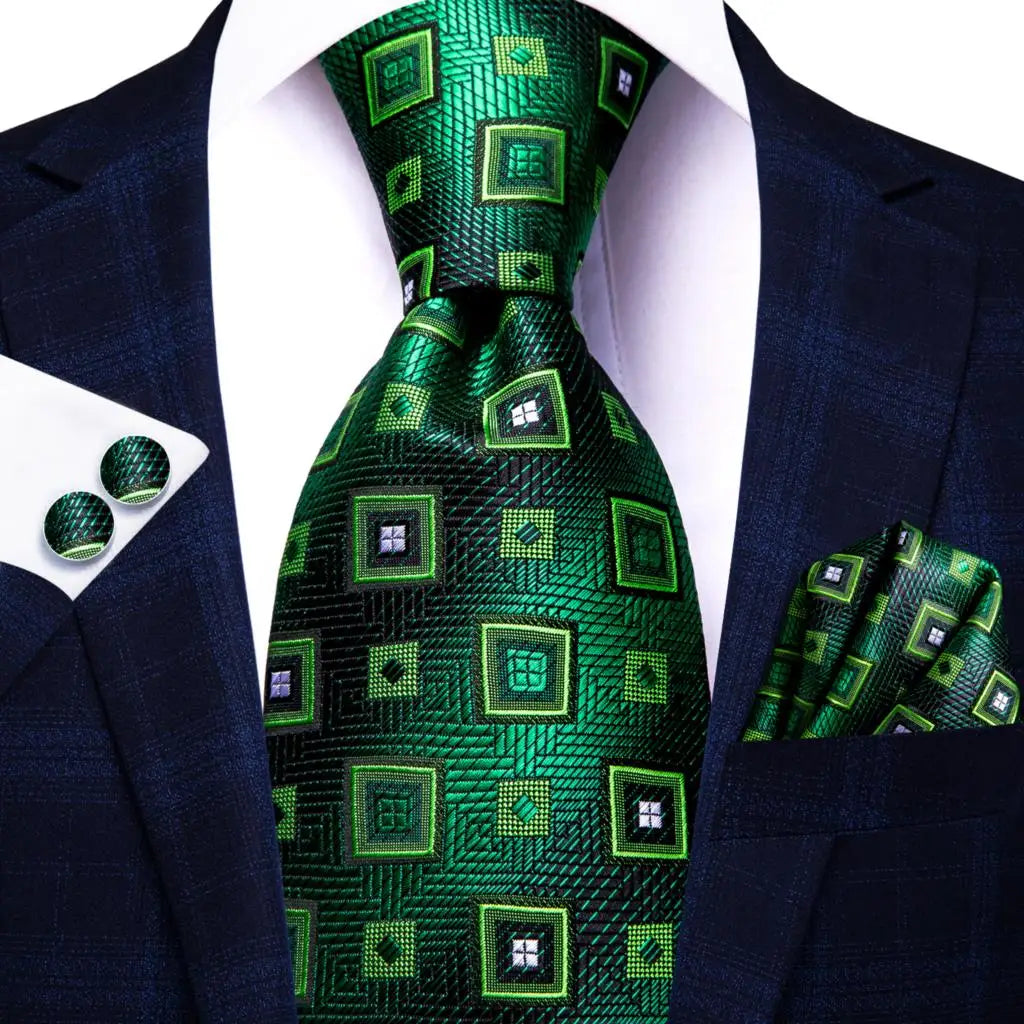 bright green geometric design tie with matching cuff links and pocket square