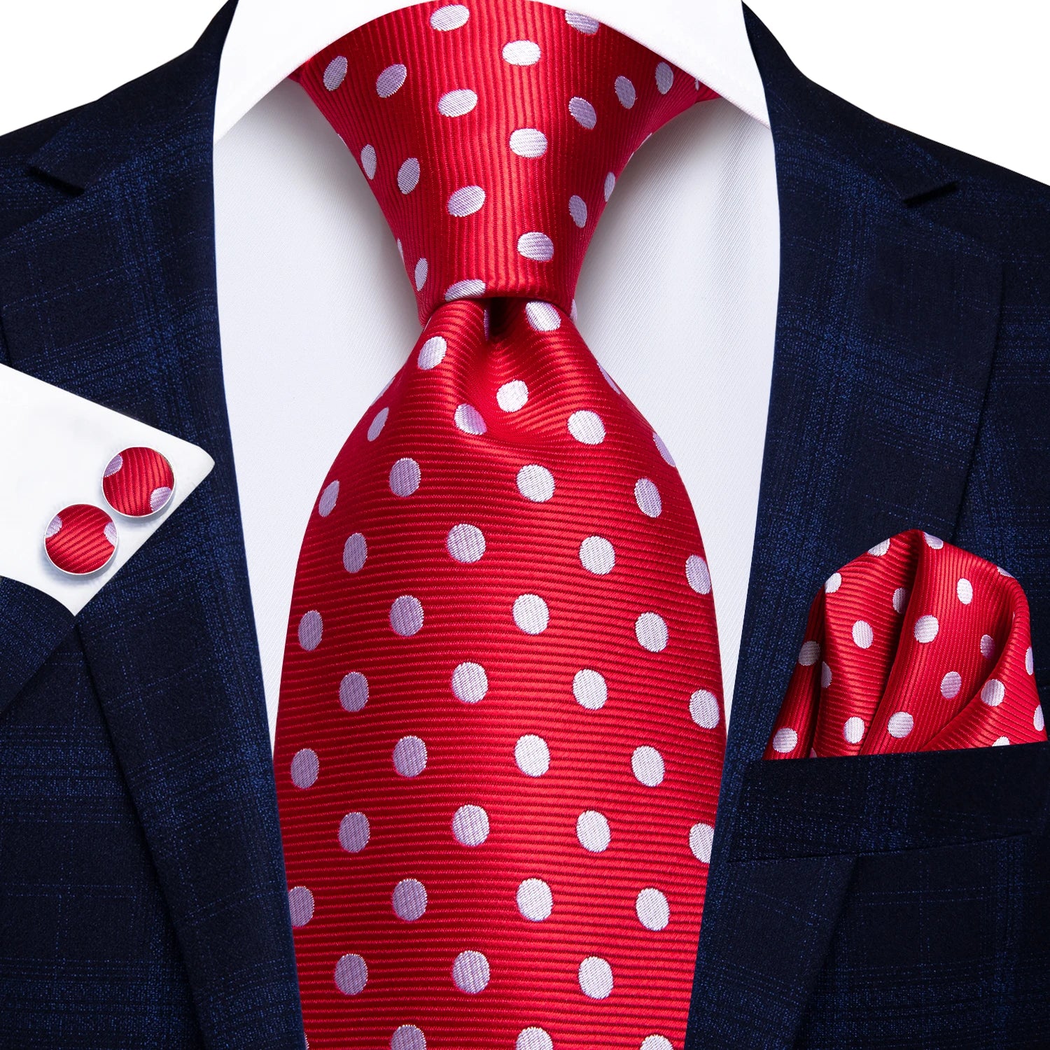 bright red polka dot design tie with matching cuff links and pocket square