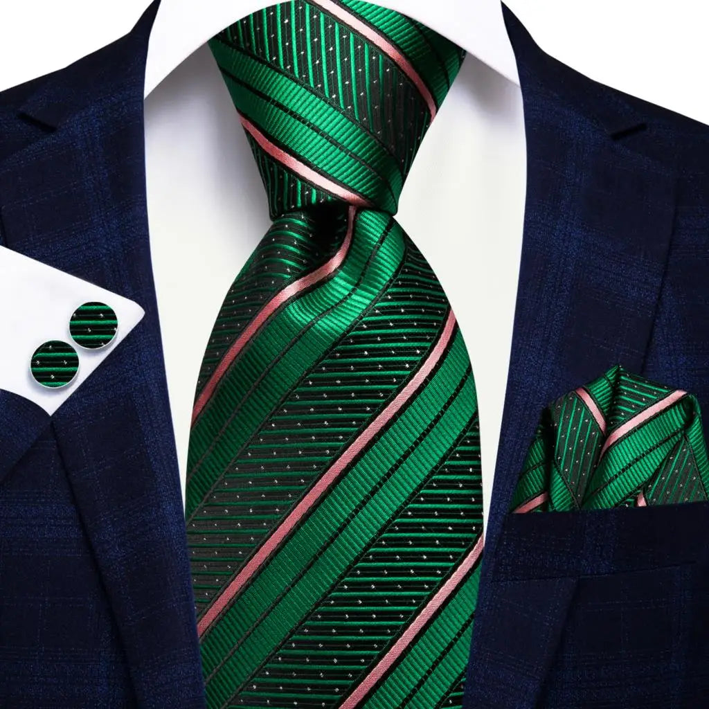 green and pink striped tie with matching cuff links and pocket square