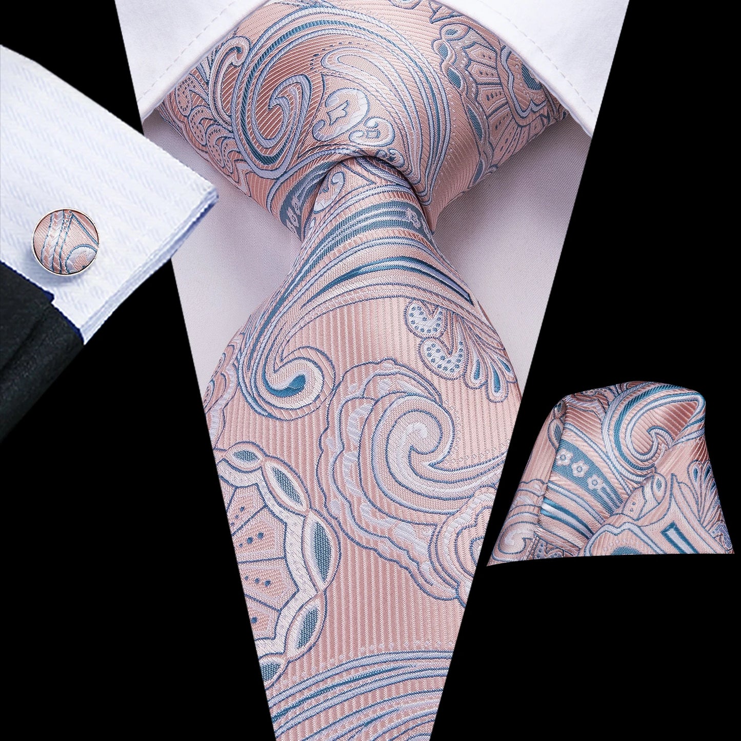 light pink paisley tie with cuff links and pocket square