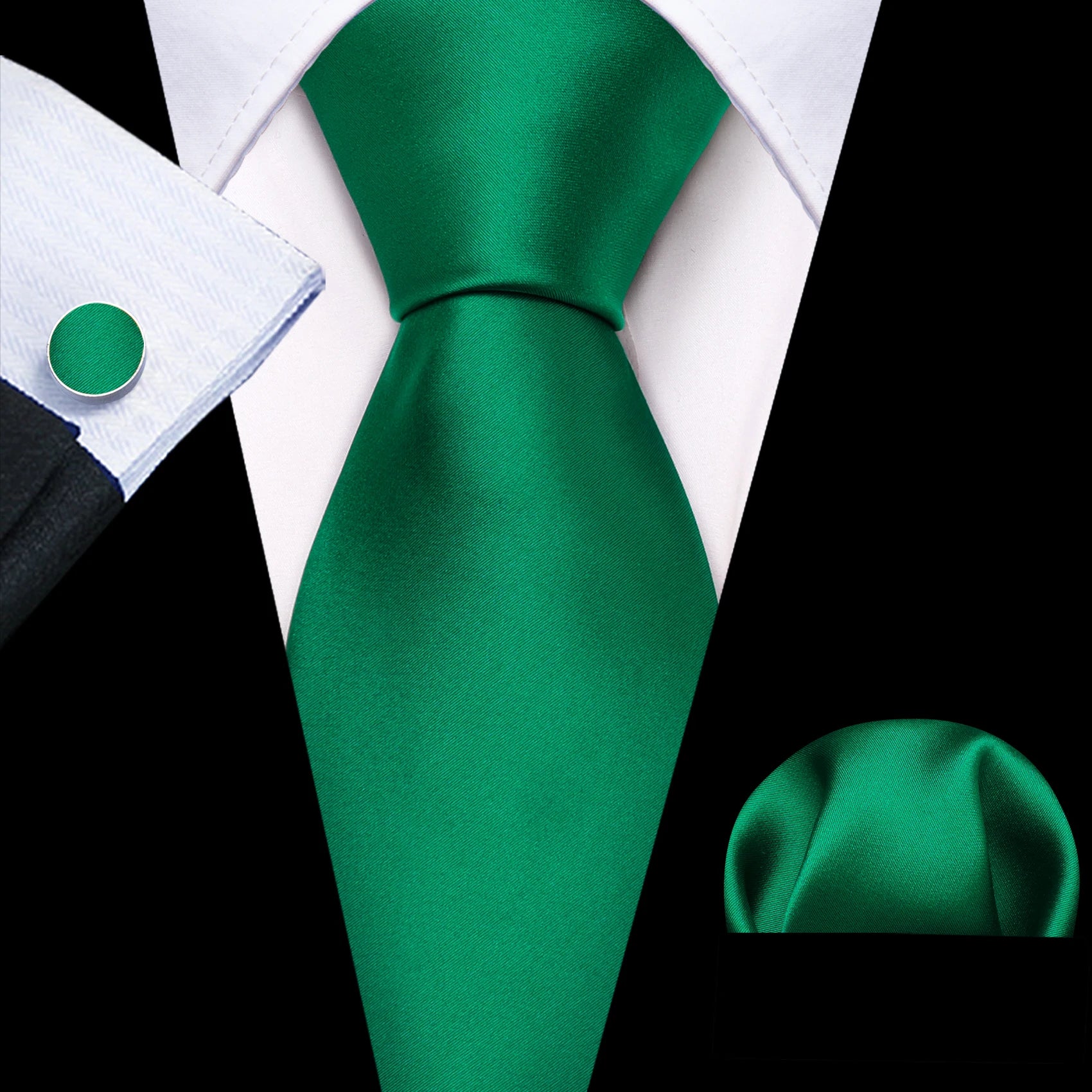 plain bright green tie with cuff links and pocket square