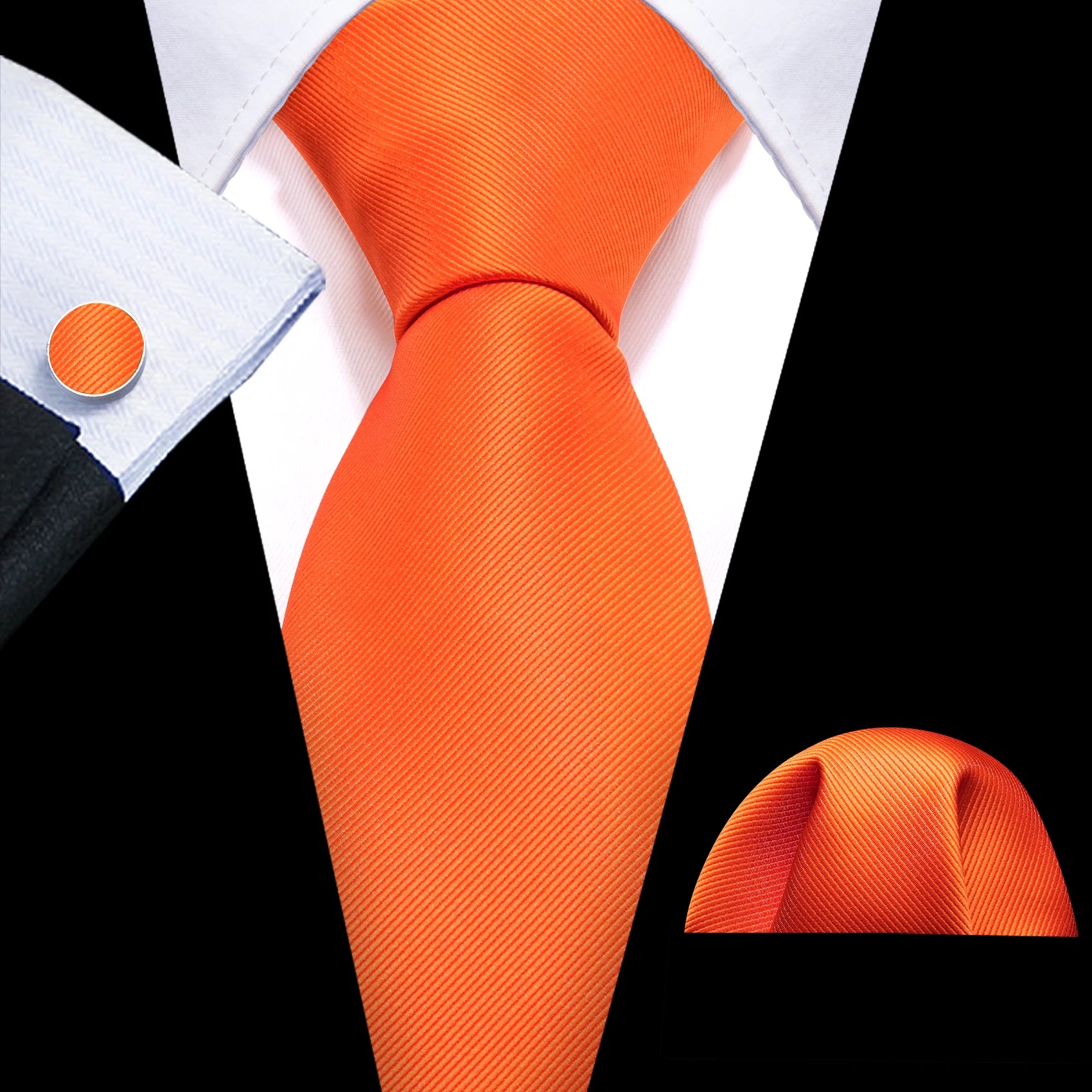 plain bright orange textured tie with cuff links and pocket square