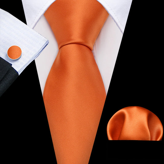 plain bright orange tie with cuff links and pocket square