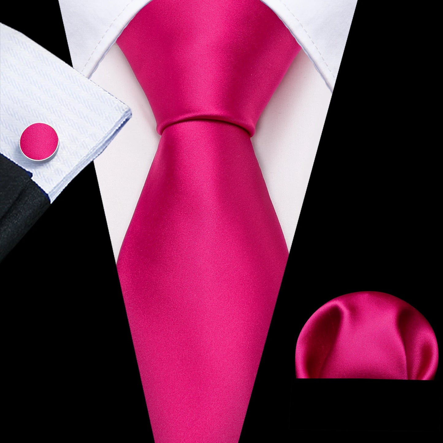 plain bright pink tie with cuff links and pocket square