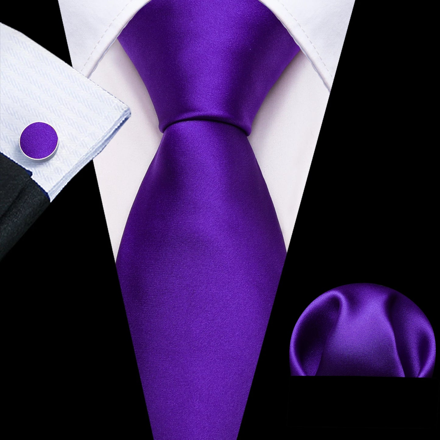 plain bright purple tie with matching cuff links and pocket square