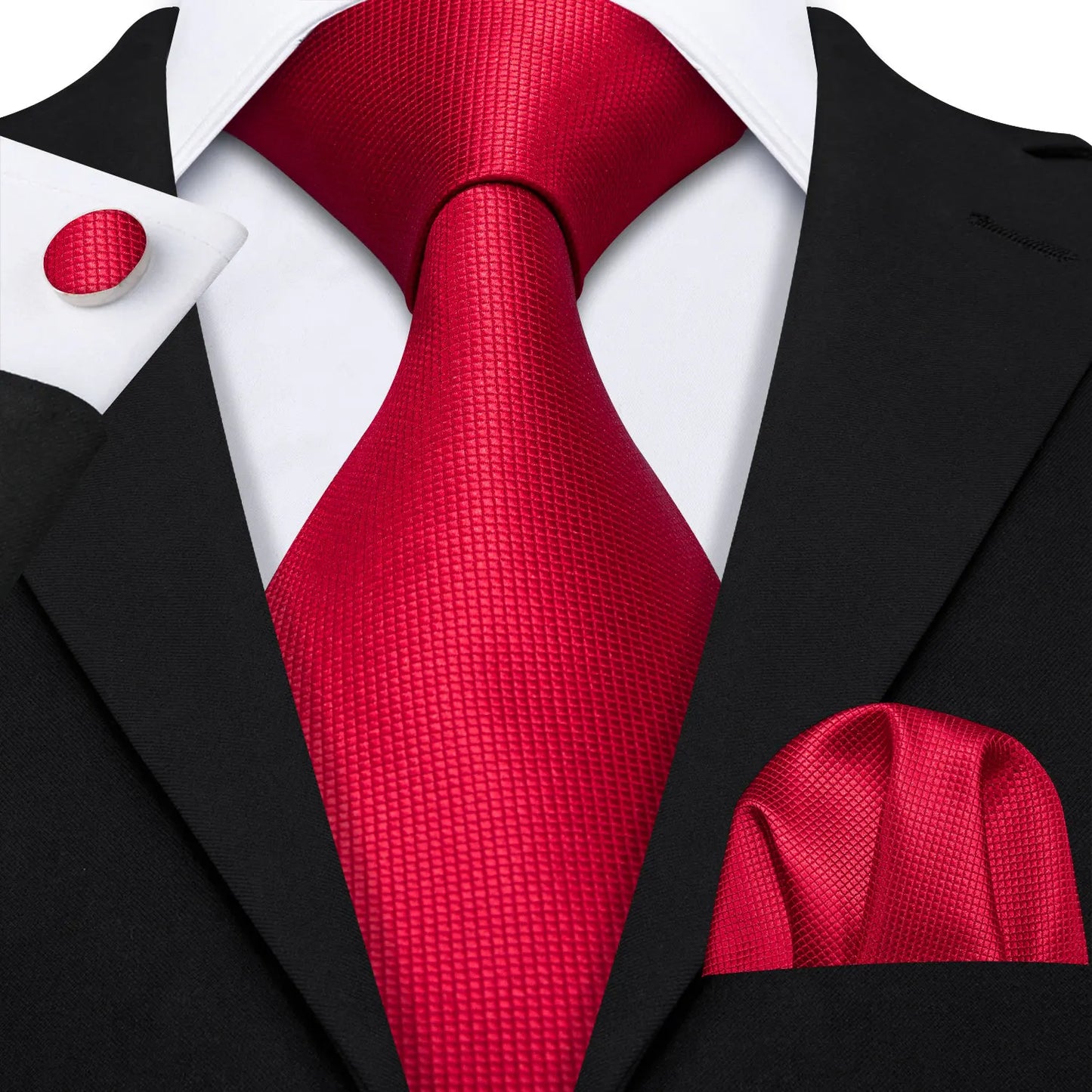 plain bright red textured tie with cuff links and pocket square