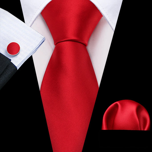 plain bright red tie with cuff links and pocket square