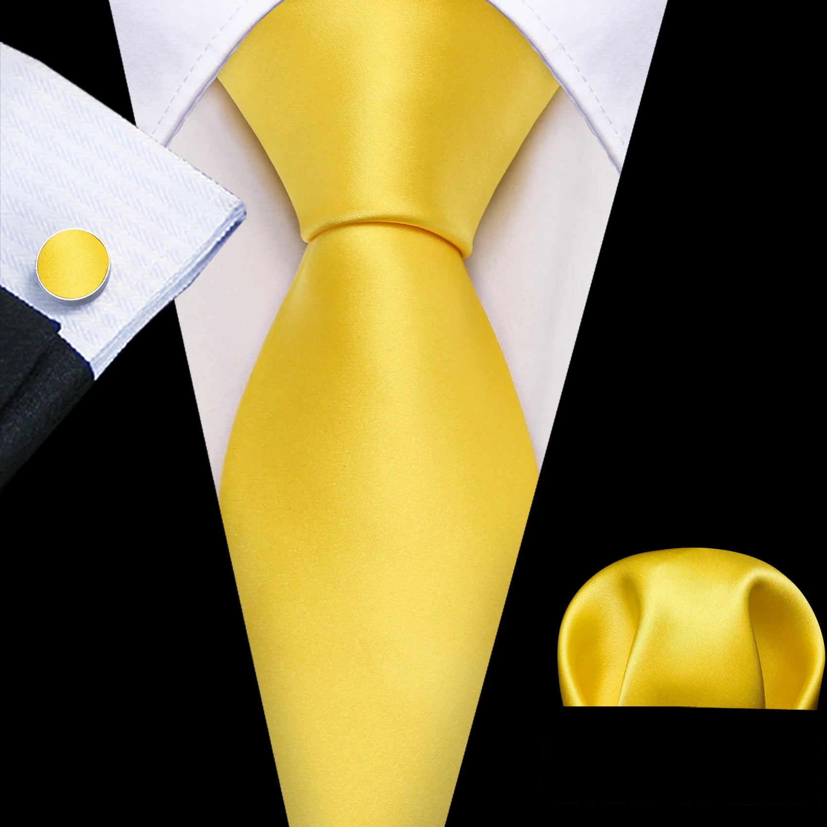 plain bright yellow tie with cuff links and pocket square