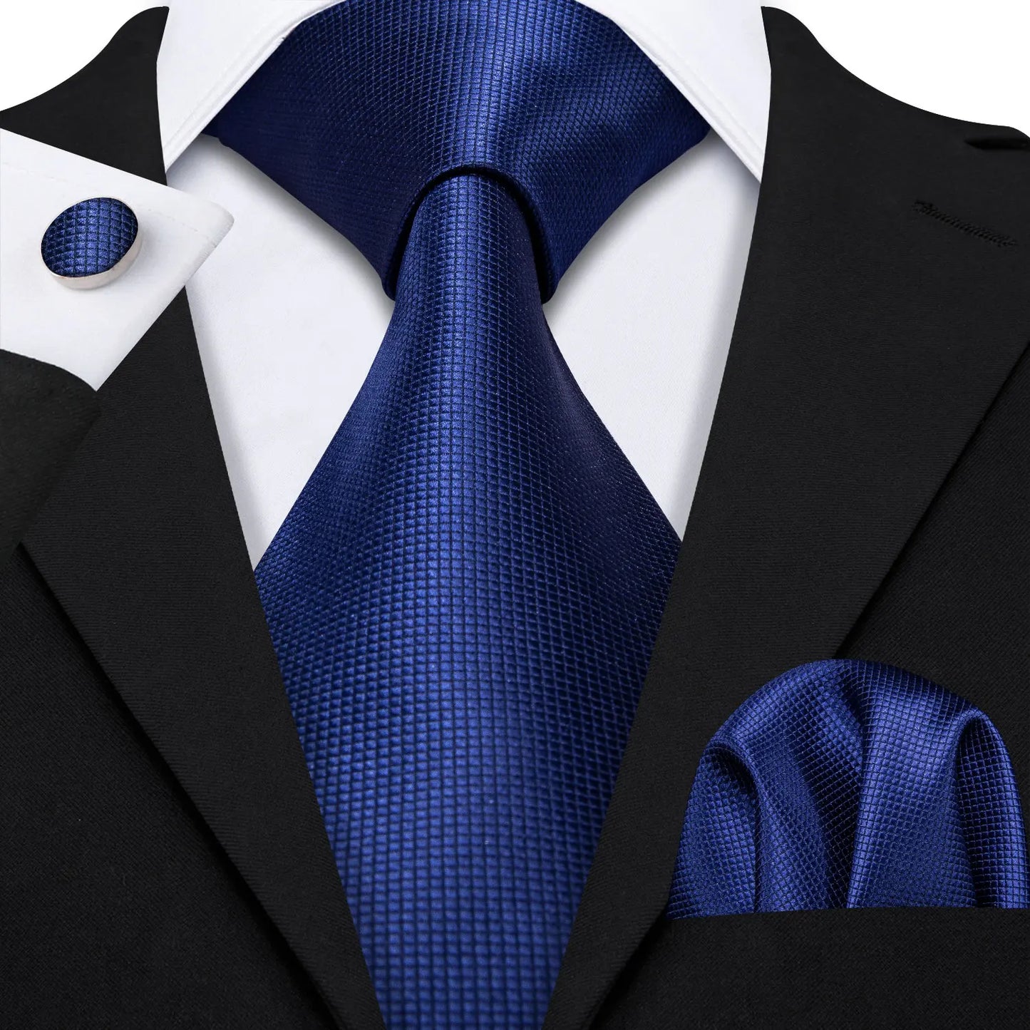 plain dark blue textured tie with cuff links and pocket square