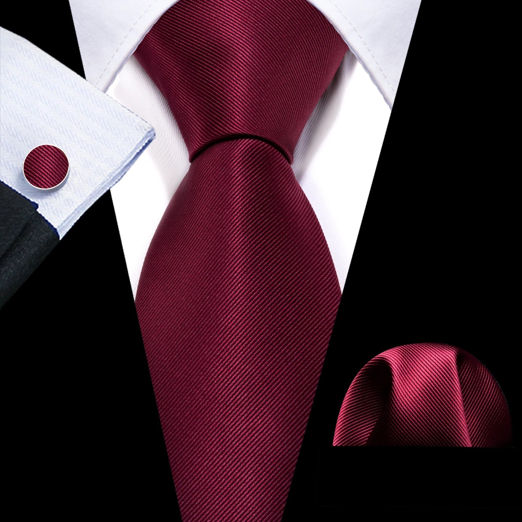 plain dark red tie with matching cuff links and pocket square